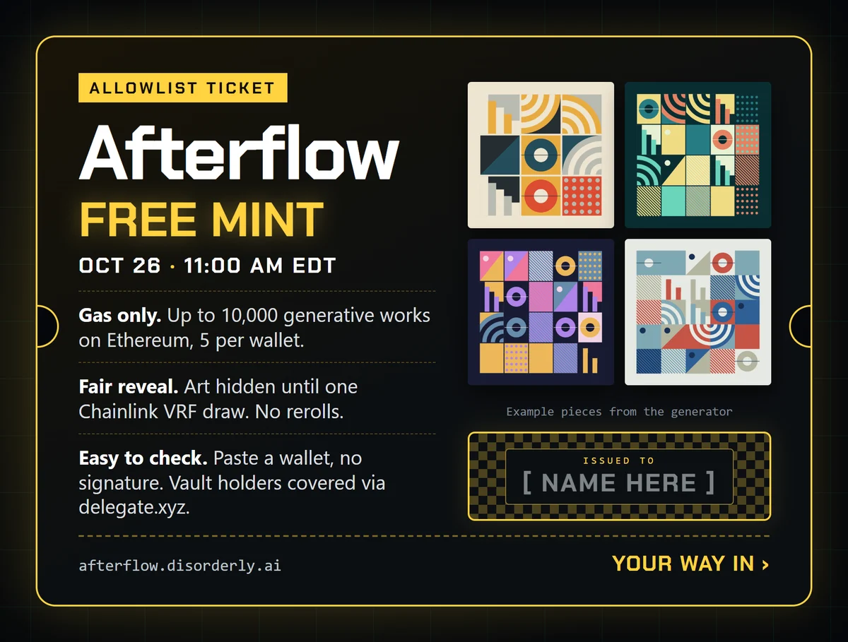 Afterflow allowlist ticket: free mint, October 26 at 11:00 AM EDT, issued to your X name.
